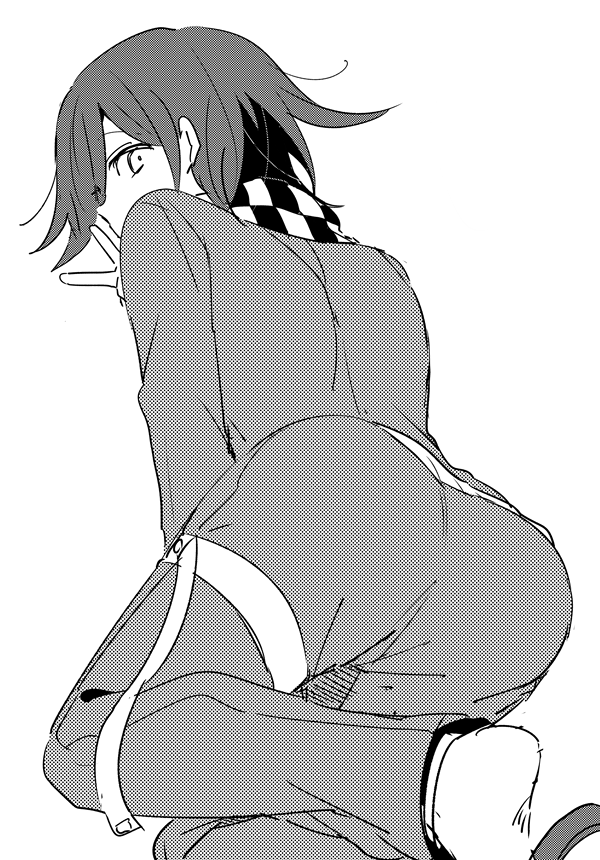 1boy, ass, ass_focus, checkered_clothes, checkered_scarf, commentary_request, danganronpa_(series), danganronpa_v3:_killing_harmony