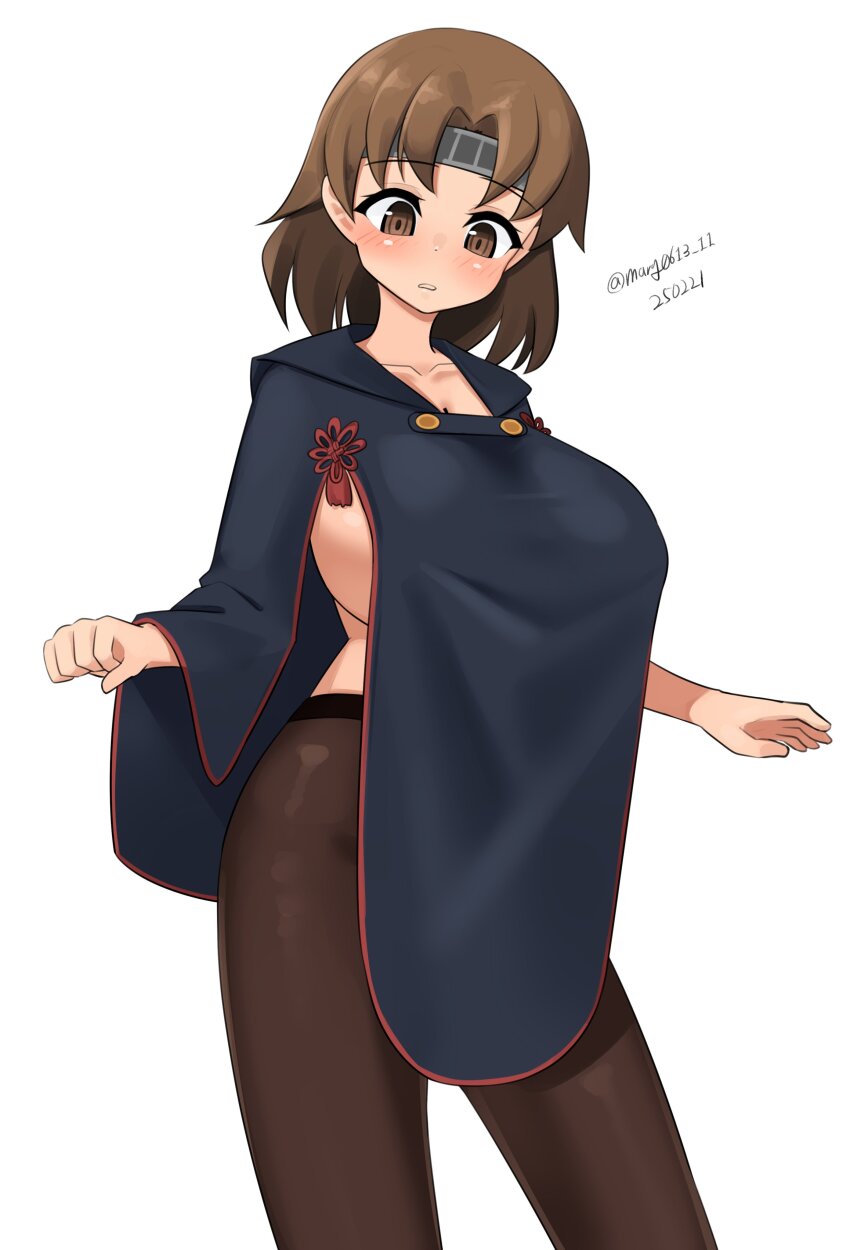 1girl, absurdres, black_pantyhose, black_raincoat, breasts, brown_eyes, brown_hair, chiyoda_(kancolle), chiyoda_(rainy_season)_(kancolle), contrapposto, dated, headband, highres, kantai_collection, large_breasts, long_sleeves, looking_down, maru_(marg0613), naked_raincoat, one-hour_drawing_challenge, pantyhose, raincoat, short_hair, sideboob, simple_background, solo, twitter_username, white_background