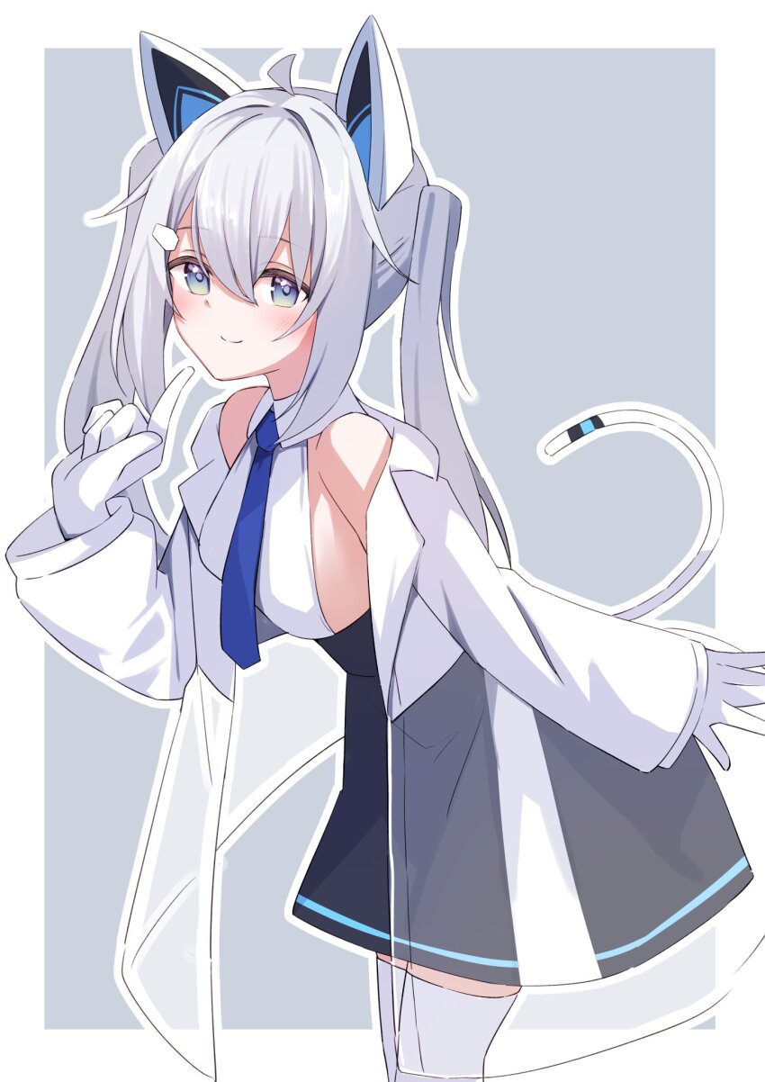 1girl, ahoge, animal_ears, bare_shoulders, black_skirt, blue_eyes, blue_necktie, blush