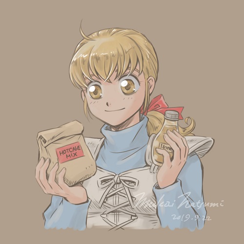 1girl, ahoge, blue_shirt, blush, brown_background, brown_eyes, closed_mouth, commentary_request