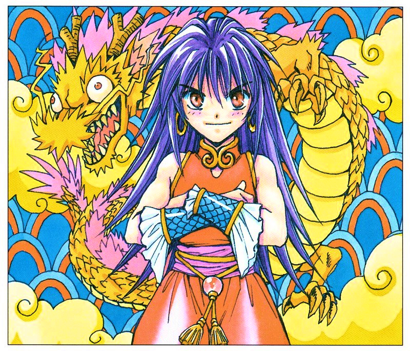 1girl, blush, border, cloud, commentary_request, crossed_arms, dragon, dress