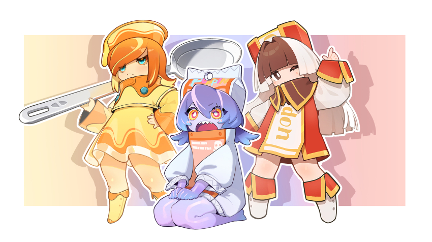 3girls, blue_eyes, boots, brown_eyes, brown_hair, chocodon_(white_chocolate), colored_skin, dress