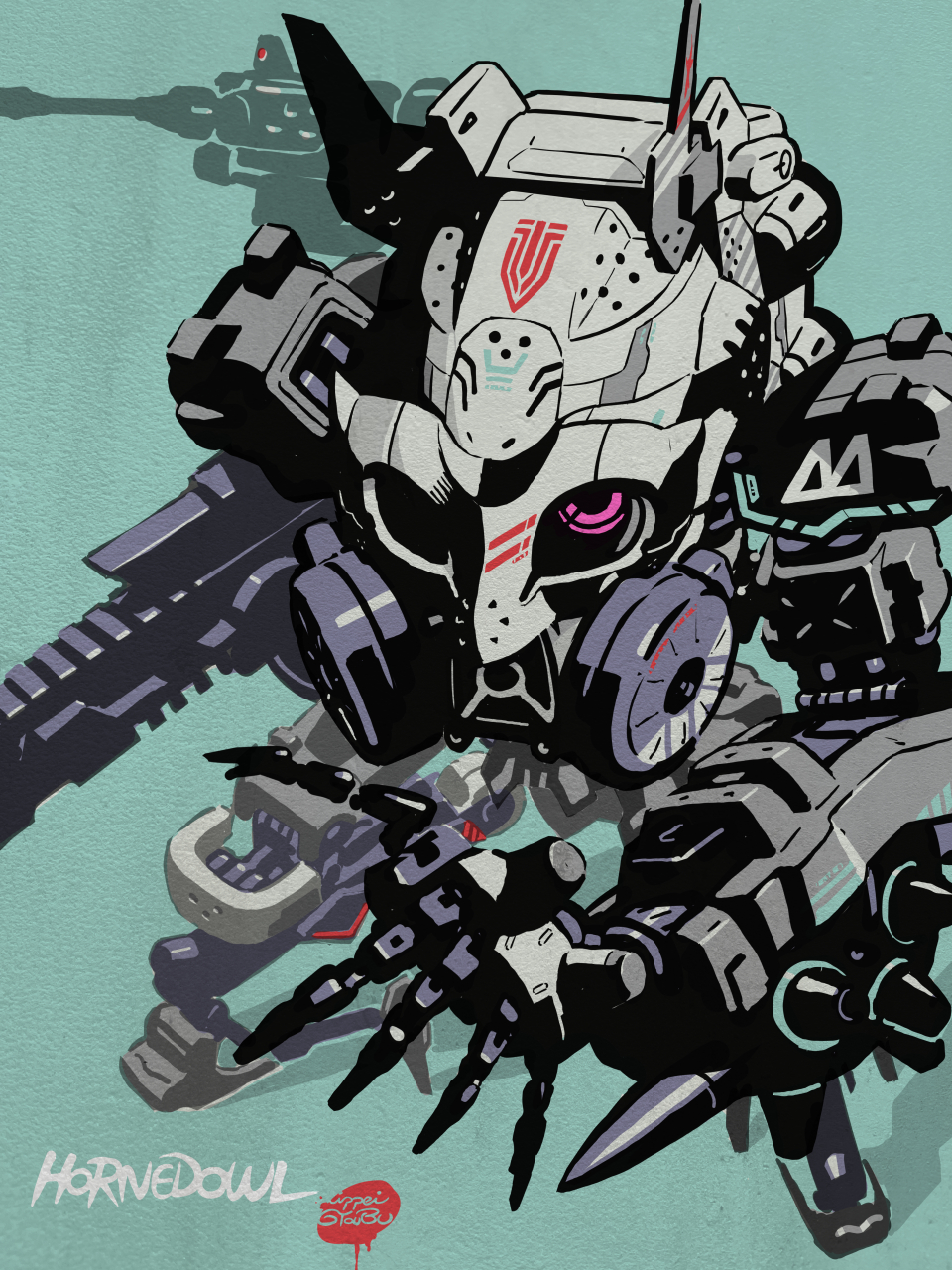 arm_up, assault_rifle, character_name, cradle_coffin, full_body, gas_mask, gun, gyoubu_ippei, high_contrast, highres, holding, holding_gun, holding_weapon, horned_owl_(synduality), joints, mask, mecha, no_humans, open_hand, rifle, robot, robot_joints, signature, standing, synduality, synduality_noir, walker_(robot), weapon