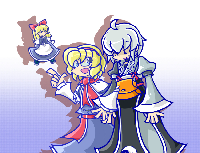 1boy, 2girls, adenine_(artist), ahoge, alice_margatroid, apron, bespectacled, blonde_hair