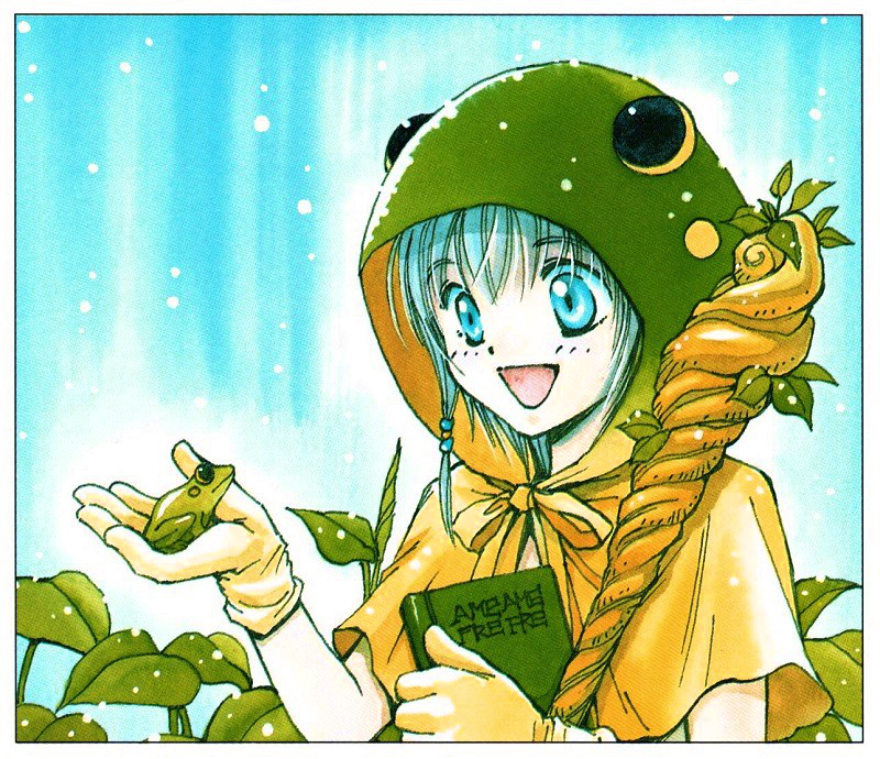 1girl, animal_hood, beads, blue_eyes, blush, book, border, comiket