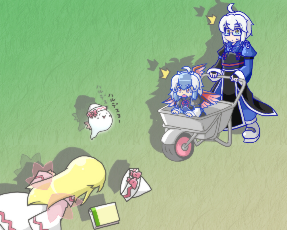 ^^^, 2girls, adenine_(artist), ahoge, bird_wings, blonde_hair, blue_dress, blue_hair