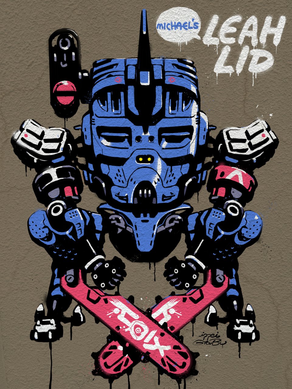 chainsaw, character_name, cradle_coffin, full_body, gyoubu_ippei, high_contrast, highres, horns, joints, leah_lid, leah_lid_(ver_michael), mecha, mechanical_horns, no_humans, robot, robot_joints, signature, standing, synduality, synduality_noir, walker_(robot), weapon