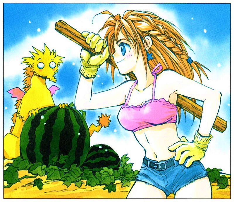 1girl, belt, black_belt, blue_eyes, blue_shorts, border, braid, brown_hair, closed_mouth, comiket, commentary_request, cropped_shirt, denim, denim_shorts, dragon, food, fruit, gloves, hand_on_own_hip, leaf, long_hair, midriff, mukai_natsumi, navel, original, outdoors, pink_shirt, shirt, shorts, suikawari, traditional_media, watermelon, white_border, yellow_gloves