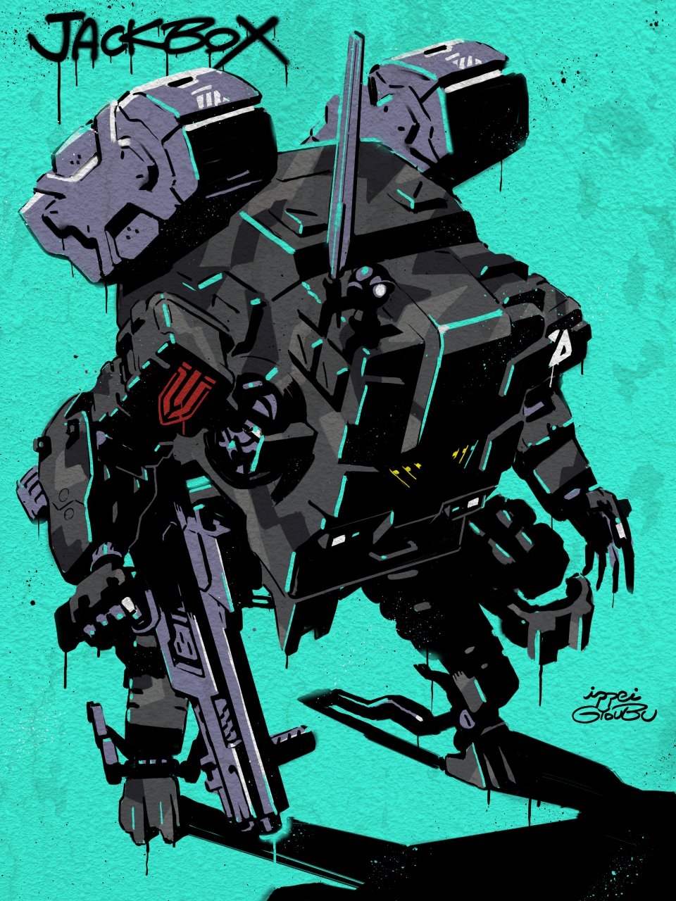 antennae, assault_rifle, character_name, cradle_coffin, from_above, full_body, gun, gyoubu_ippei