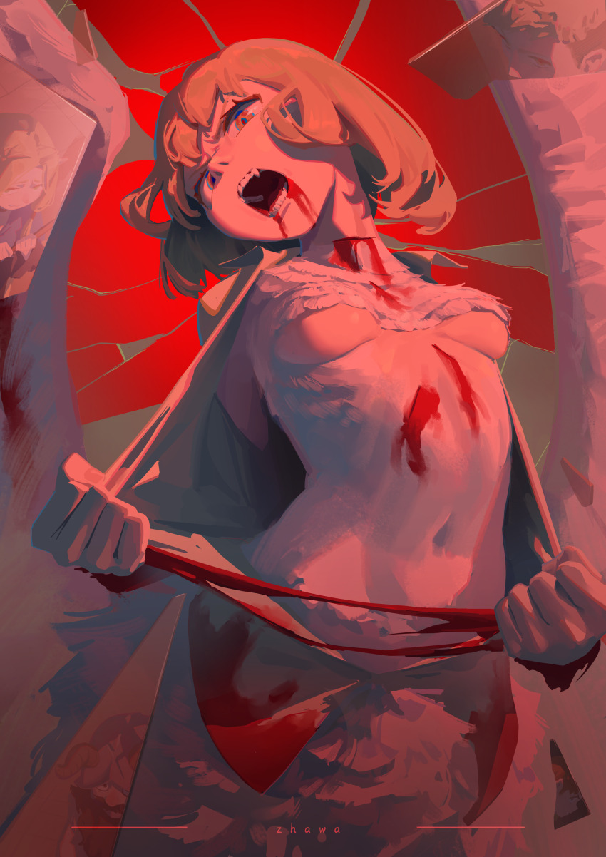 1girl, absurdres, angry, blonde_hair, blood, blood_on_body, blood_on_chest, body_fur, breasts, chimera, commentary_request, dungeon_meshi, falin_touden, falin_touden_(chimera), fangs, feathered_wings, feathers, flesh, fried_frog, highres, injury, looking_at_viewer, monster_girl, navel, open_mouth, red_background, red_theme, short_hair, simple_background, slit_pupils, slit_throat, solo, spoilers, tearing_clothes, torn_clothes, underboob, upper_body, white_feathers, wings