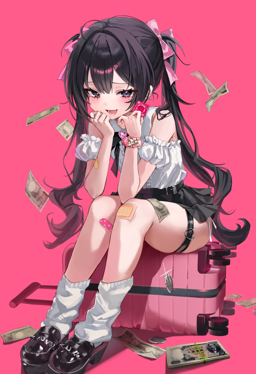 1girl, :d, absurdres, bandaid, bandaid_on_leg, black_eyes, black_hair, black_ribbon