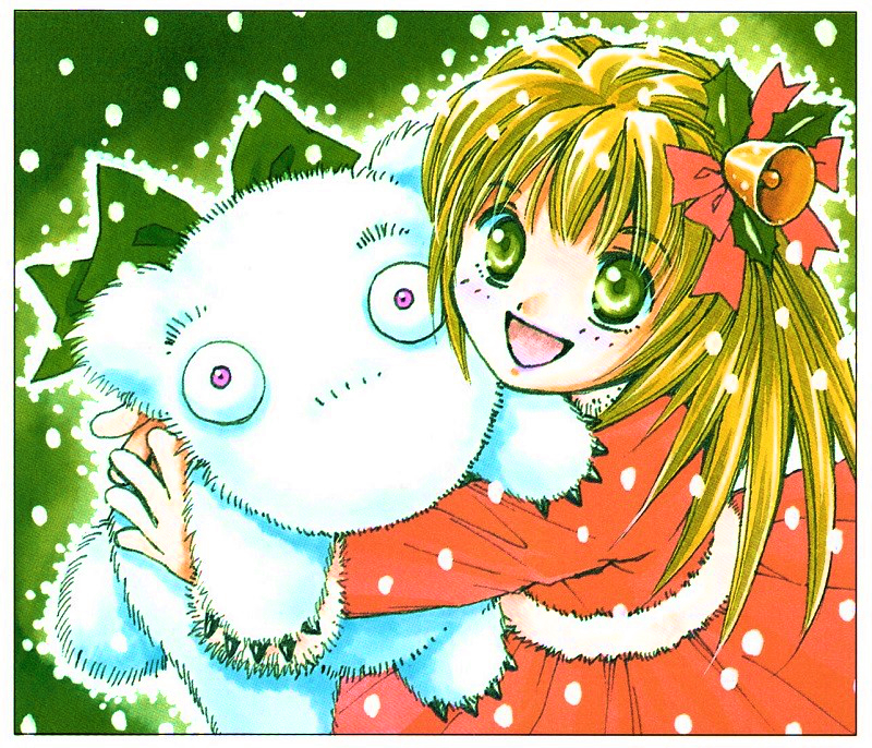 1girl, bell, blush, bow, christmas, comiket, creature, dress, green_background, green_bow, green_eyes, hair_bell, hair_ornament, holding, holding_creature, holly, hug, long_hair, mukai_natsumi, open_mouth, original, pink_eyes, red_dress, santa_costume, santa_dress, solo, traditional_media