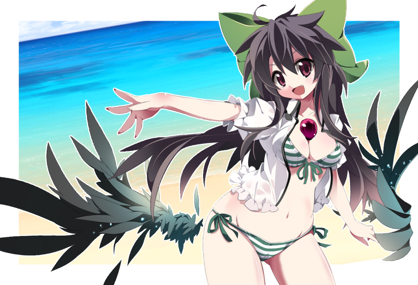 1girl, :d, beach, bikini, black_hair, black_wings, bow, breasts