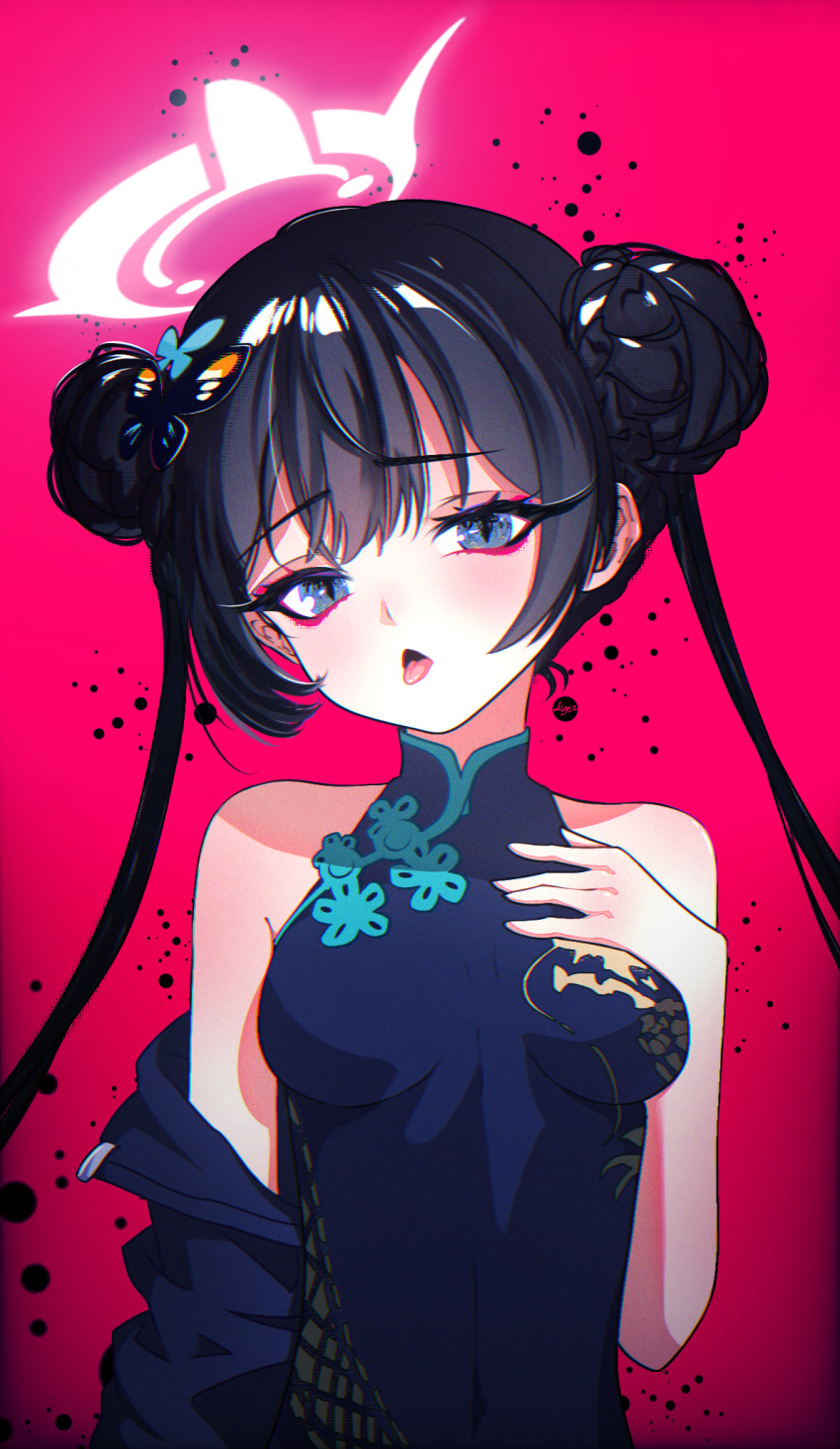 1girl, algea, blue_archive, blush, breasts, butterfly_hair_ornament, china_dress, chinese_clothes, dragon_print, dress, grey_eyes, grey_halo, hair_ornament, halo, hand_on_own_chest, highres, kisaki_(blue_archive), loli, looking_at_viewer, open_mouth, small_breasts