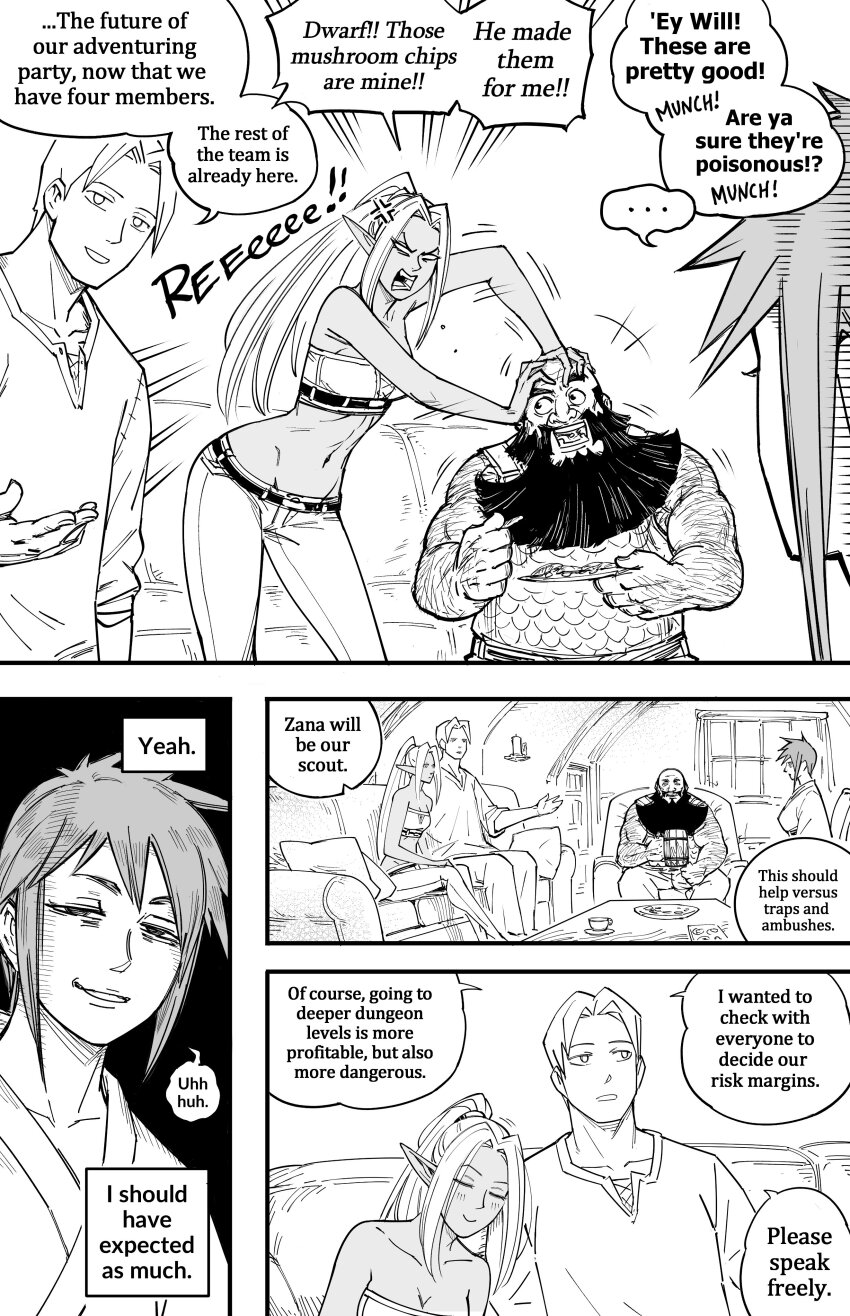 2boys, 2girls, absurdres, anger_vein, aubry_(dark_elf_stepsister), bald, bb_(baalbuddy), beard, black_hair, body_hair, candle, couch, dark-skinned_female, dark_elf, dark_skin, dwarf, eating, elf, english_text, facial_hair, gloom_(expression), grack_(dark_elf_stepsister), highres, long_pointy_ears, monochrome, multiple_boys, multiple_girls, original, plate, pointy_ears, robe, sitting, speech_bubble, table, tankard, tunic, willford_diccard, zana_(dark_elf_stepsister)