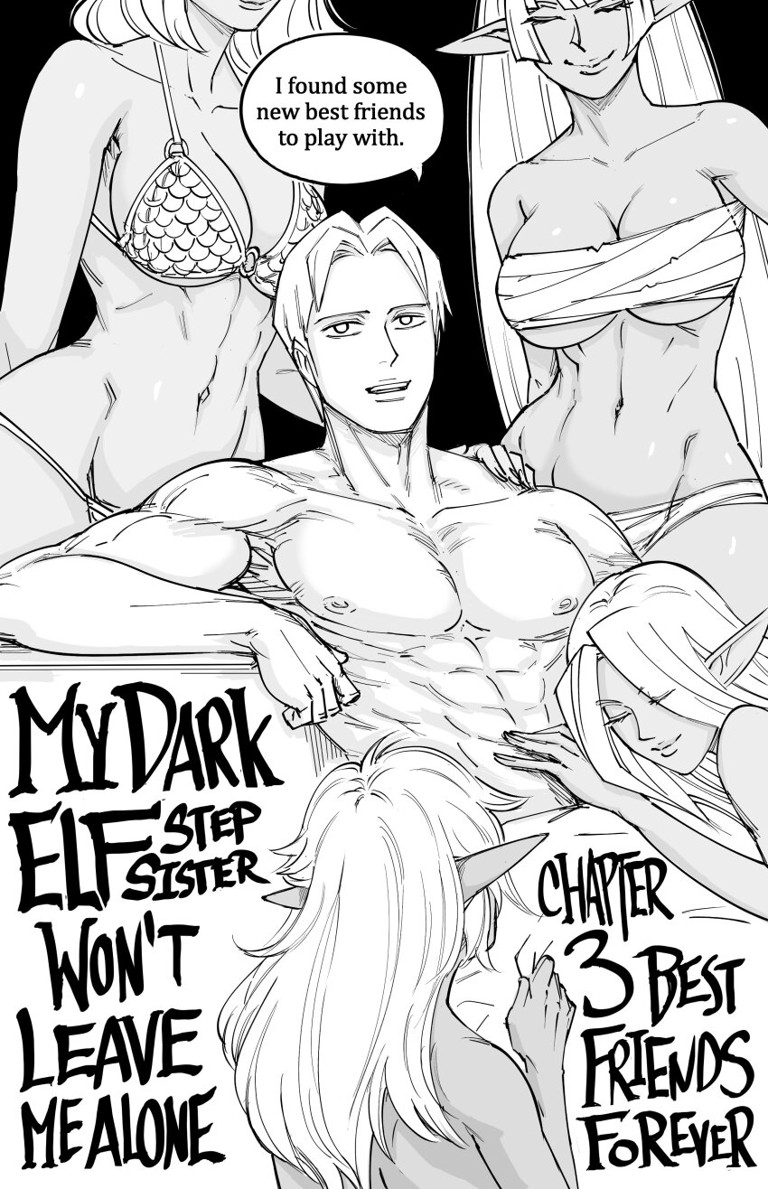 1boy, 4girls, abs, absurdres, armor, bb_(baalbuddy), bikini_armor, black_background, breasts, chest_sarashi, cleavage, copyright_name, dark-skinned_female, dark_elf, dark_skin, elf, english_text, greyscale, hand_on_another's_shoulder, harem, head_on_another's_stomach, highres, large_breasts, long_pointy_ears, midriff, monochrome, multiple_girls, muscular, muscular_male, navel, original, pointy_ears, reclining, sarashi, speech_bubble, underboob, white_hair, willford_diccard