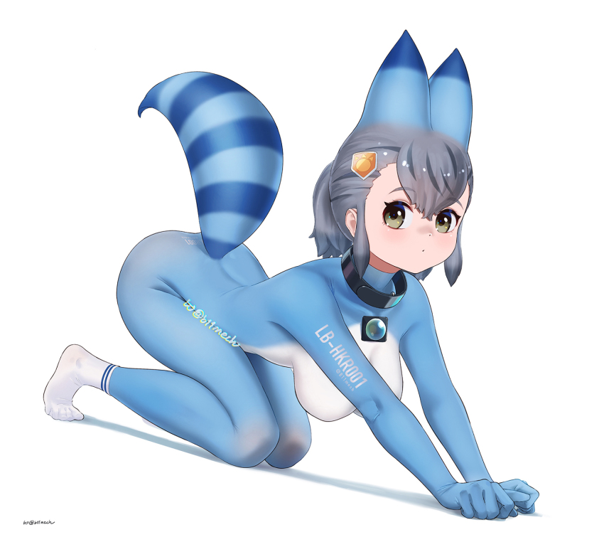 1girl, animal_ears, beleven, blue_bodysuit, bodysuit, breasts, choker, extra_ears