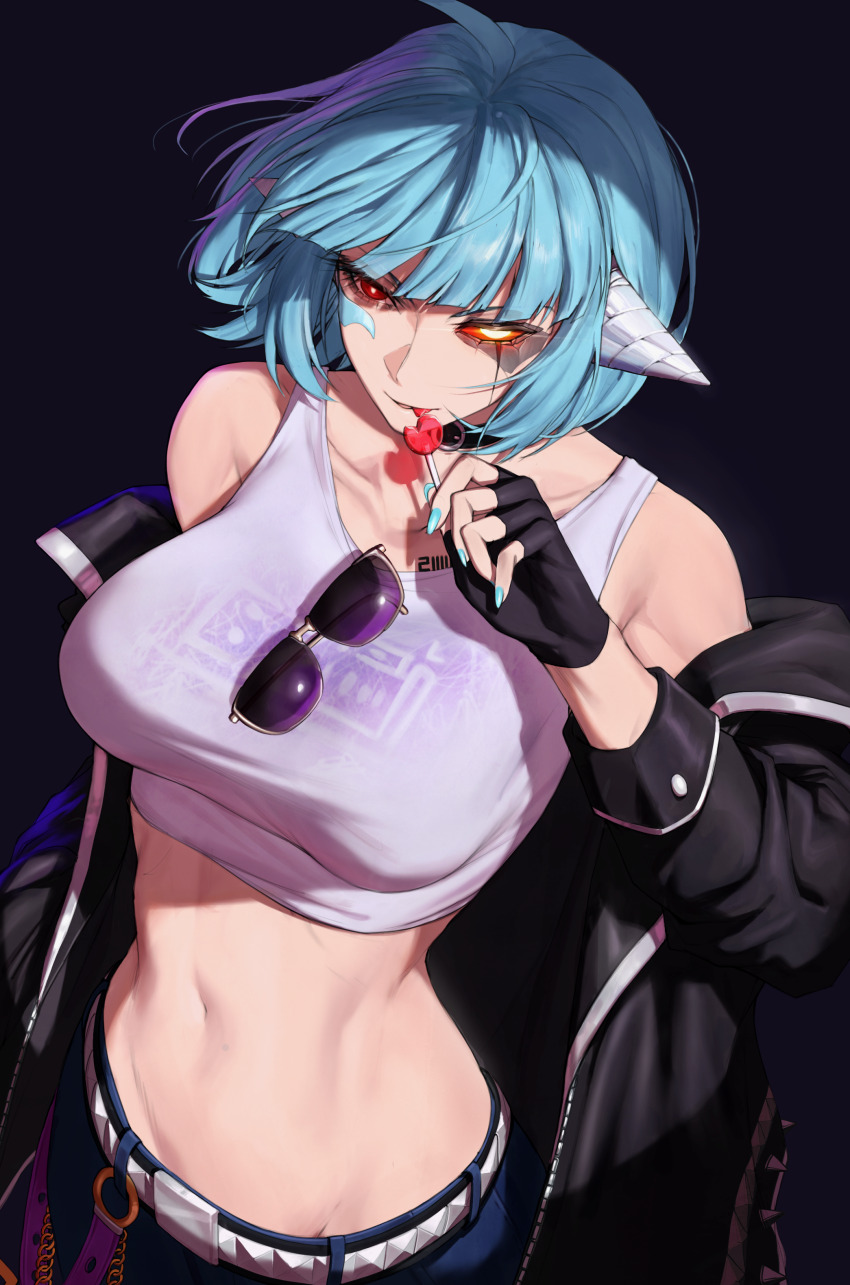 1girl, absurdres, autonomous_android_mk.2, blue_hair, breasts, collarbone, crop_top, food