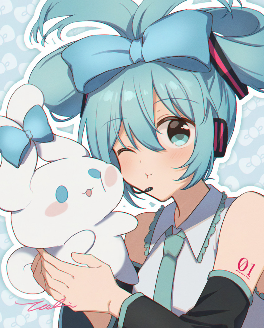 1girl, ;t, absurdres, aqua_eyes, aqua_hair, aqua_necktie, arm_tattoo, bare_shoulders