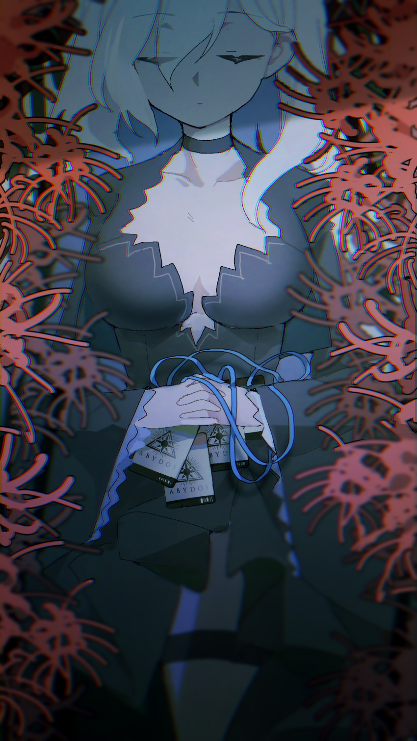 1girl, animal_ear_fluff, black_choker, black_dress, blue_archive, breasts, choker, cleavage