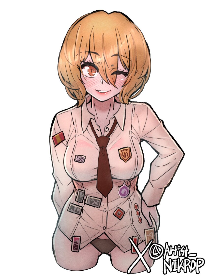 1girl, artist_name, badge, black_panties, blonde_hair, blush, button_badge, collared_shirt