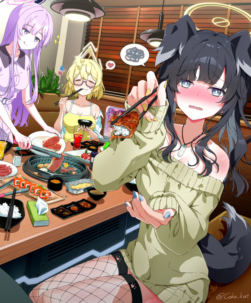 3girls, absurdres, ahoge, alternate_costume, alternate_hairstyle, animal_ears, bare_shoulders, black_hair, blonde_hair, blue_archive, blue_eyes, blue_nails, blue_shirt, bowl, breasts, chopsticks, chopsticks_in_mouth, cleavage, closed_eyes, closed_mouth, coke_kat, dog_ears, dog_girl, dog_tags, dog_tail, dress, fishnet_thighhighs, fishnets, food, glasses, green_sweater, hair_between_eyes, hibiki_(blue_archive), highres, holding, holding_bowl, holding_chopsticks, holding_food, holding_plate, holding_tongs, kotori_(blue_archive), large_breasts, licking_lips, long_hair, looking_at_viewer, multiple_girls, open_mouth, pants, plate, purple_eyes, purple_hair, purple_pants, purple_shirt, reaching, reaching_towards_viewer, rice, shirt, shirt_partially_removed, sidelocks, sleeveless, sleeveless_shirt, smile, strapless, strapless_dress, sweater, sweater_dress, tail, thighhighs, tongs, tongue, tongue_out, utaha_(blue_archive), yakiniku, yellow_shirt