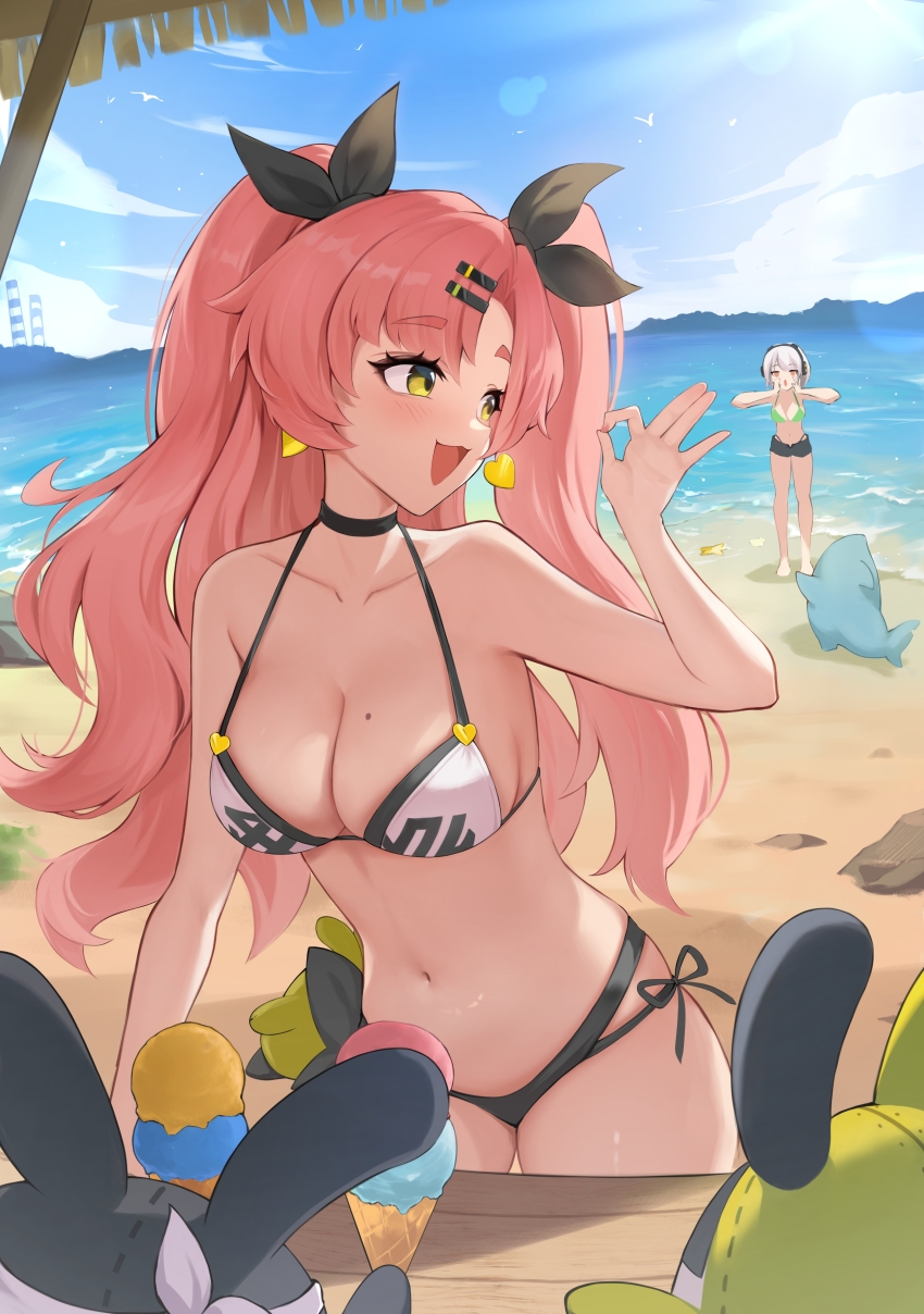 2girls, :d, absurdres, amillion_(zenless_zone_zero), anby_demara, bangboo_(zenless_zone_zero), beach, bikini