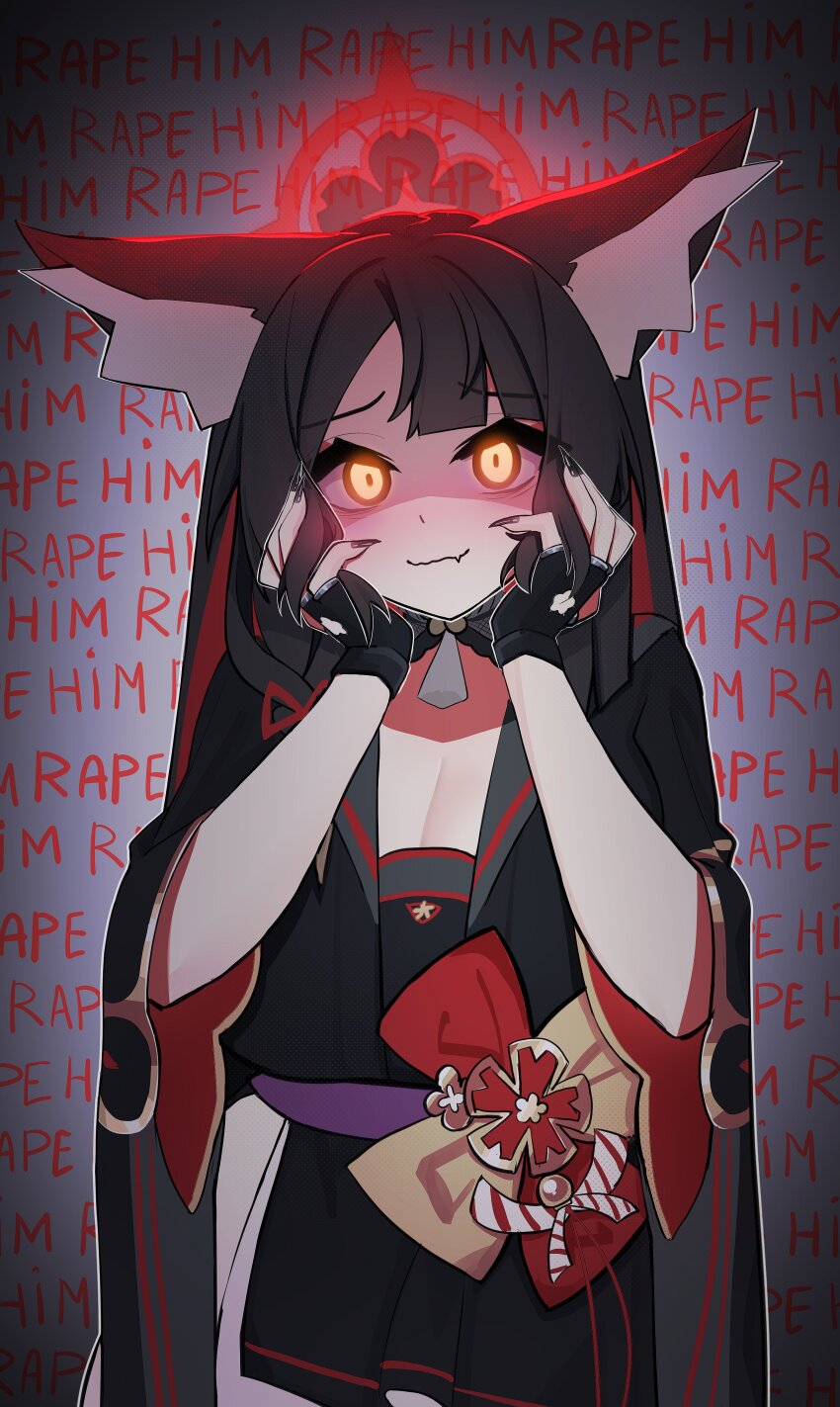 1girl, absurdres, animal_ears, black_hair, black_kimono, black_sailor_collar, blue_archive, blush, breasts, cleavage, female_pervert, fox_ears, fox_girl, hair_between_eyes, hands_on_own_face, highres, japanese_clothes, kimono, large_breasts, long_hair, pervert, purple_sash, sailor_collar, sash, shaded_face, sidelocks, silenzuka, wakamo_(blue_archive), yandere, yandere_trance, yellow_eyes