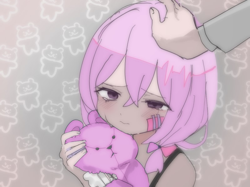 1girl, bandage_on_face, bandages, bare_shoulders, colored_skin, crying, furrowed_brow, hair_ribbon