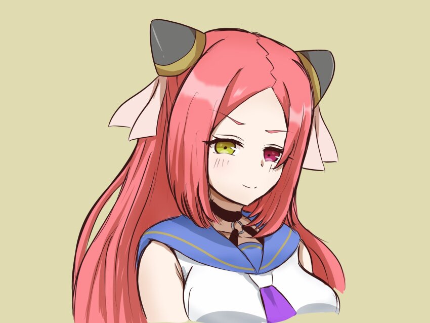 >:), 1girl, arms_at_sides, assault_lily, black_choker, blue_sailor_collar, blush, breasts