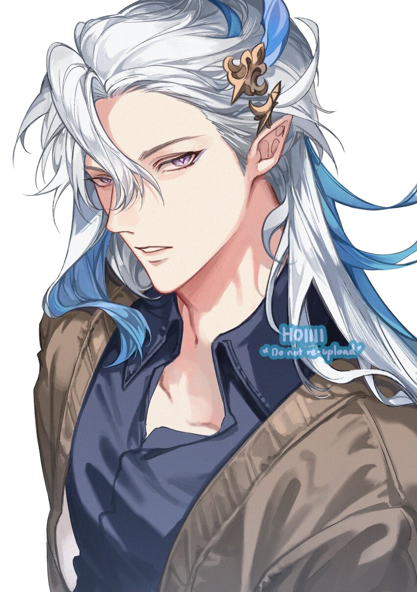 1boy, absurdres, artist_name, asymmetrical_bangs, blue_eyeliner, blue_hair, blue_shirt, brown_cardigan