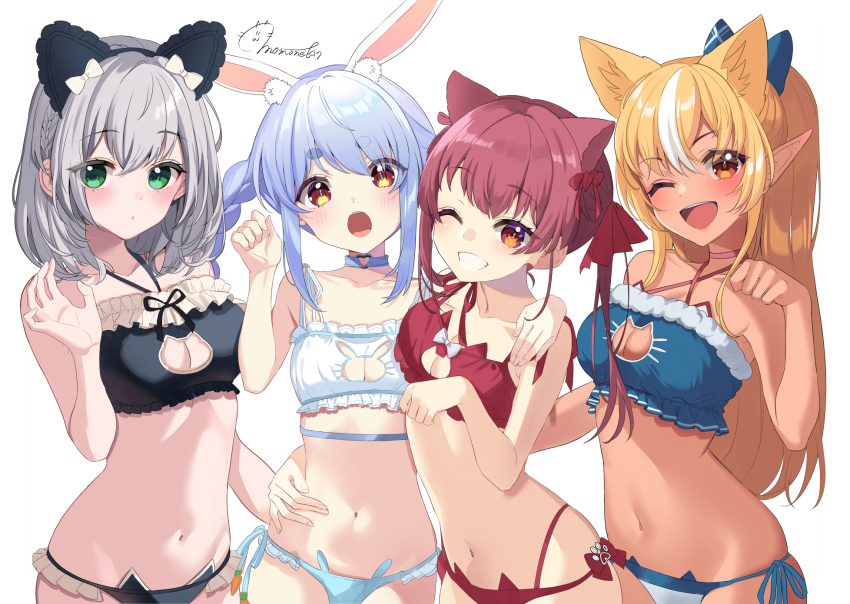 4girls, :o, ;d, alternate_costume, animal_ears, black_bra, black_panties, blonde_hair, blue_bra, blue_choker, blue_panties, blush, bow, bra, braid, breasts, cat_cutout, cat_day, cat_ear_panties, cat_ears, cat_lingerie, choker, cleavage, cleavage_cutout, clothing_cutout, criss-cross_halter, dark-skinned_female, dark_skin, double-parted_bangs, elf, extra_ears, frilled_bra, frilled_panties, frills, green_eyes, grin, hair_between_eyes, hair_bow, hair_ribbon, halterneck, hand_up, heart, heart_o-ring, high_ponytail, highres, hikimayu, hololive, hololive_fantasy, houshou_marine, lingerie, long_hair, looking_at_viewer, medium_breasts, medium_hair, momone_cco, multi-strapped_panties, multicolored_hair, multiple_girls, navel, o-ring, o-ring_choker, one_eye_closed, open_mouth, orange_eyes, panties, paw_pose, pointy_ears, ponytail, rabbit_cutout, rabbit_ear_panties, rabbit_ears, rabbit_girl, rabbit_lingerie, red_bra, red_eyes, red_hair, red_panties, ribbon, shiranui_flare, shirogane_noel, short_eyebrows, side-tie_panties, side_braid, sidelocks, simple_background, small_breasts, smile, stomach, streaked_hair, string_panties, swept_bangs, thick_eyebrows, twin_braids, twintails, underwear, usada_pekora, virtual_youtuber, wavy_hair, white_background, white_bra, white_hair