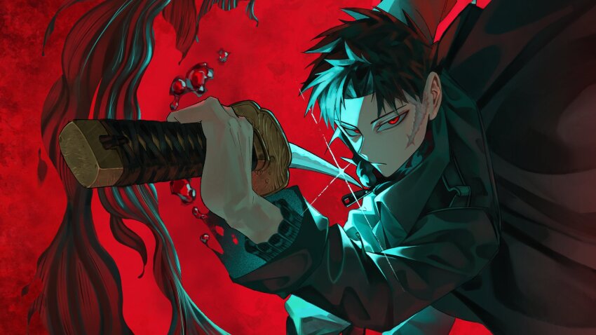 1boy, black_hair, black_jacket, enten_(sword), fish, flying_fish, highres, holding, holding_sword, holding_weapon, jacket, kagurabachi, katana, linyue_you, long_sleeves, looking_at_viewer, male_focus, red_eyes, rokuhira_chihiro, scar, scar_on_face, short_hair, solo, sword, weapon