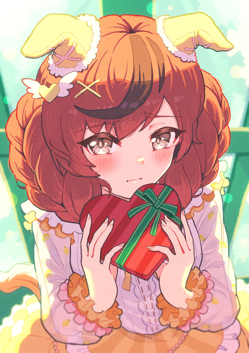 1girl, absurdres, alternate_costume, alternate_hairstyle, animal_ears, blurry, blurry_background, breasts