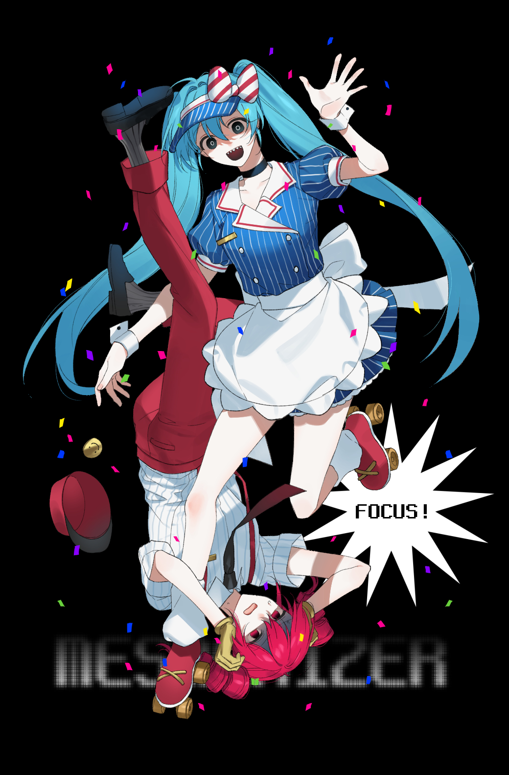 2girls, ankle_socks, apron, black_choker, black_eyes, black_necktie, black_shoes, black_socks