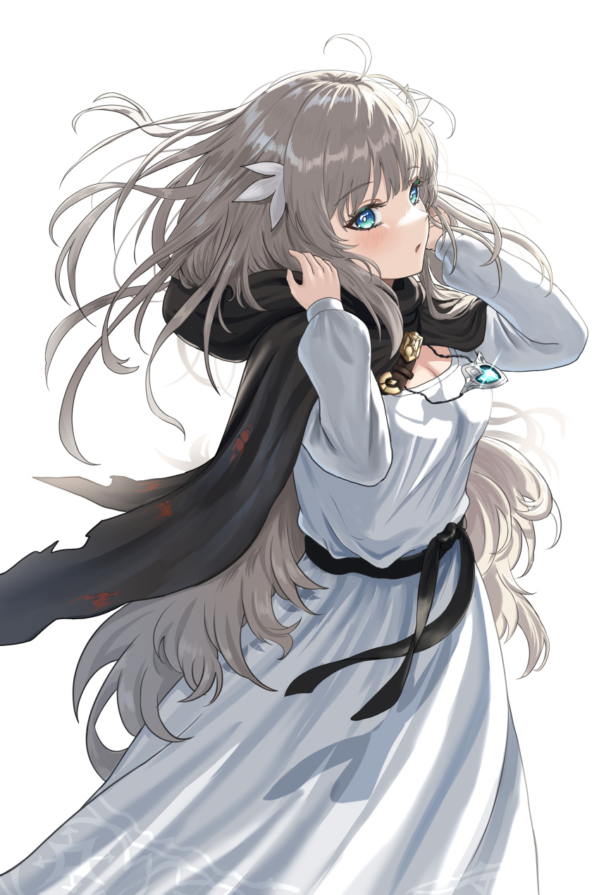 1girl, absurdres, ahoge, ayloss, black_cloak, blue_eyes, blush, cloak