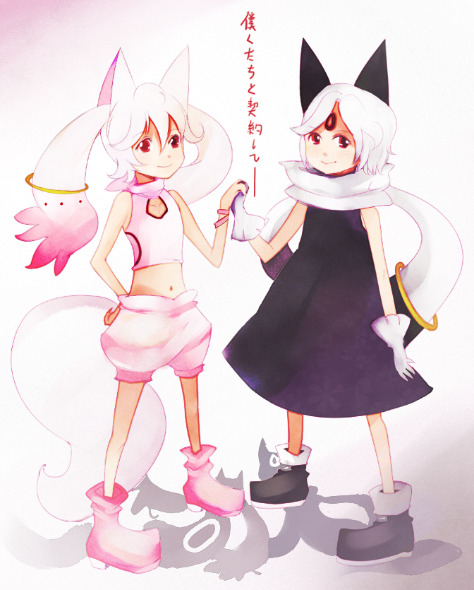 10s, 2girls, androgynous, animal_ears, bad_id, bad_pixiv_id, boots, creature, detached_sleeves, different_shadow, facial_mark, forehead_mark, gloves, hand_on_own_hip, hip_focus, juubey_(madoka_magica), kusayusaai, kyubey, mahou_shoujo_kazumi_magica, mahou_shoujo_madoka_magica, multiple_girls, navel, personification, red_eyes, scarf, silhouette, standing, tail, white_hair