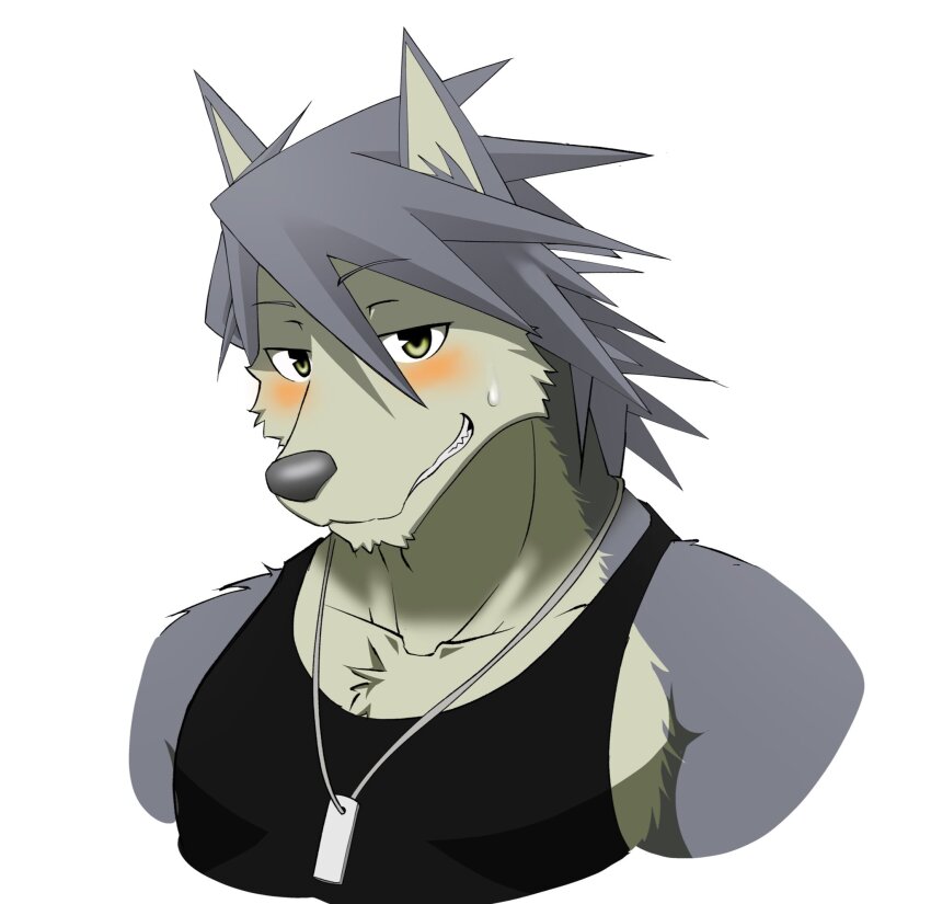 1boy, animal_ears, bara, biceps, black_tank_top, blush, collarbone, commentary_request, dog-nose, dog_boy, dog_ears, dog_tags, furry, furry_male, grey_fur, grey_hair, grin, highres, jewelry, kouya_aotsuki, looking_at_viewer, male_focus, morenatsu, muscular, muscular_male, necklace, smile, sweatdrop, tank_top, toro402, white_background