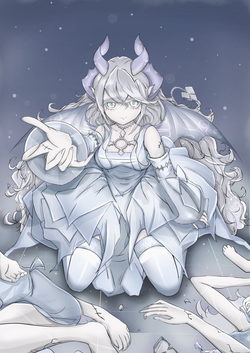 bare_shoulders, breasts, demon_girl, demon_tail, demon_wings, dress, duel_monster, grey_eyes