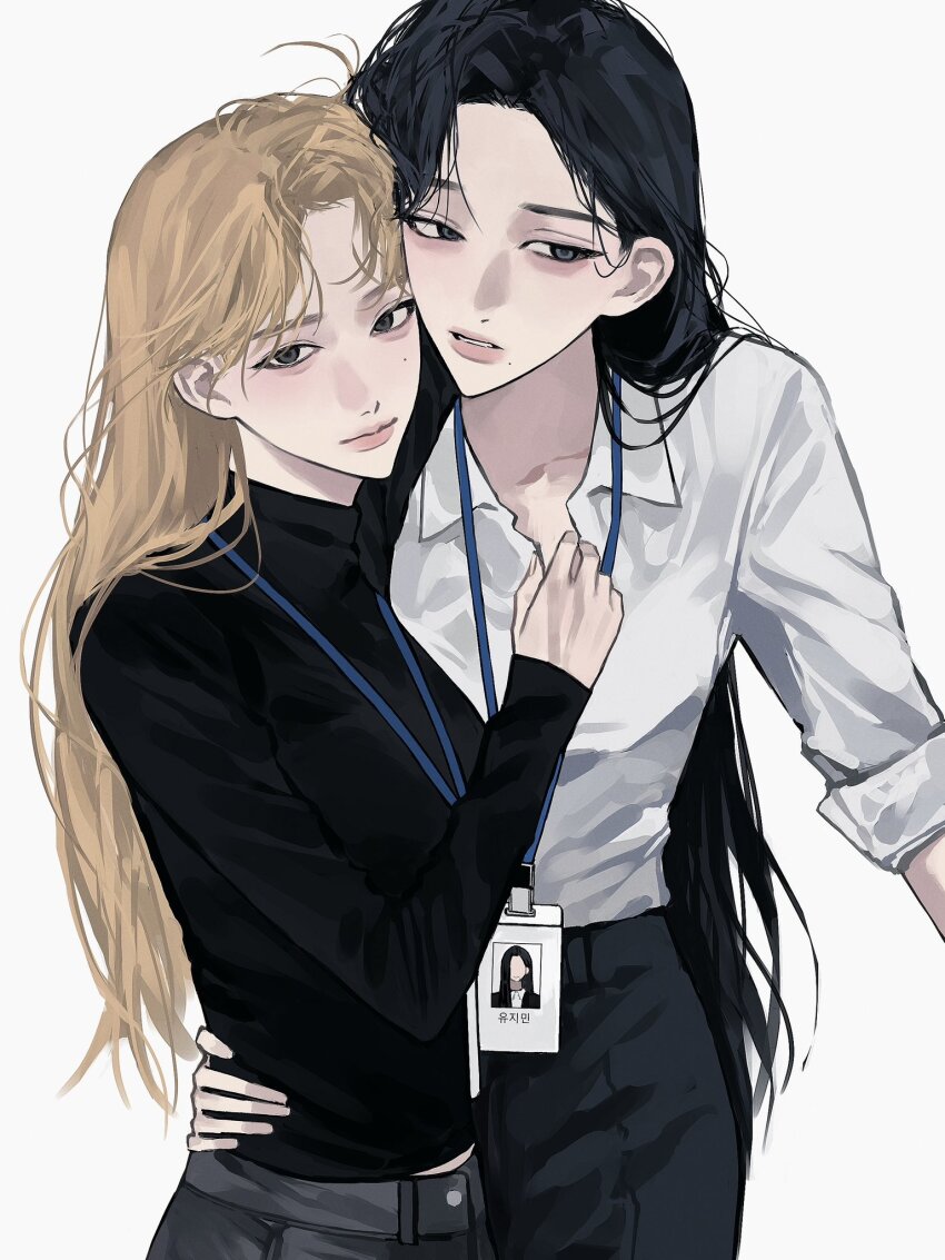 2girls, aegyo_sal, aespa, black_hair, black_skirt, black_sweater, blonde_hair, cheek-to-cheek, closed_mouth, collared_shirt, grey_eyes, hand_on_another's_waist, heads_together, highres, id_card, k-pop, karina_(aespa), lanyard, lee_q_p, long_hair, long_sleeves, mole, mole_under_eye, mole_under_mouth, multiple_girls, parted_lips, real_life, shirt, simple_background, skirt, sleeves_rolled_up, sweater, white_background, white_shirt, winter_(aespa), yuri