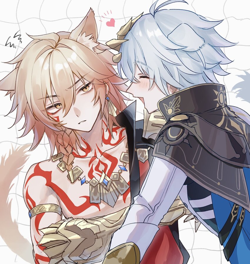 2boys, ^_^, animal_ears, arm_tattoo, armlet, armor, armored_gloves, black_coat, black_shirt, blonde_hair, blue_cape, blue_hair, blush, braid, cape, chest_tattoo, closed_eyes, coat, collared_shirt, earrings, facial_tattoo, gold_earrings, gold_necklace, gold_trim, gradient_hair, grid_background, hand_on_another's_head, heart, highres, honkai:_star_rail, honkai_(series), jewelry, male_focus, multicolored_hair, multiple_boys, mydei_(honkai:_star_rail), necklace, open_clothes, open_coat, orange_eyes, oyakioisi, pauldrons, phainon_(honkai:_star_rail), pushing_away, raised_eyebrows, red_hair, red_tattoo, shirt, shoulder_armor, shoulder_tattoo, side_braid, single_pauldron, tail, tattoo, white_background, white_coat, yaoi