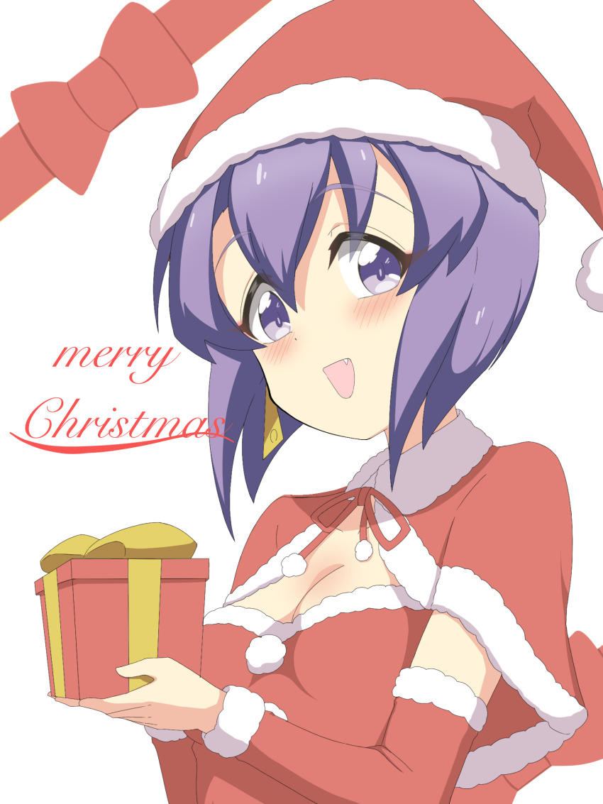 1girl, blush, breasts, christmas, christmas_present, cleavage, fang, gift