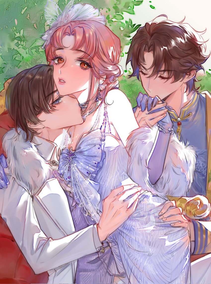 1girl, 2boys, bare_shoulders, bead_necklace, beads, binglanxianqi, blazer, blue_shirt, bow, bowtie, boy_sandwich, brown_eyes, brown_hair, butterfly_hair_ornament, chair, closed_eyes, collared_jacket, collared_shirt, commentary, cowboy_shot, day, dress, elbow_gloves, eyelashes, fingernails, flower, fur_shawl, gloves, hair_ornament, half_updo, hand_on_another's_hip, hand_on_another's_shoulder, hand_on_hand, hetero, highres, holding_hands, jacket, jewelry, kiss, kissing_hand, kissing_neck, lapels, layered_sleeves, light_blush, lipstick, looking_at_viewer, makeup, marking_on_cheek, medium_hair, messy_hair, multiple_boys, necklace, nikki_(nikki), nikki_(series), notched_lapels, on_chair, open_clothes, open_jacket, outdoors, pants, parted_bangs, parted_lips, pink_hair, pink_lips, polyamory, purple_bow, purple_bowtie, purple_dress, purple_eyes, purple_gloves, purple_vest, qin_yi_(shining_nikki), rien_(shining_nikki), rose, sandwiched, shawl, shining_nikki, shirt, sitting, sitting_on_lap, sitting_on_person, strapless, strapless_dress, striped_clothes, striped_dress, teeth, thick_eyebrows, tree, vertical-striped_clothes, vertical-striped_dress, vest, white_jacket, white_pants, white_shawl, white_shirt, yellow_flower, yellow_rose