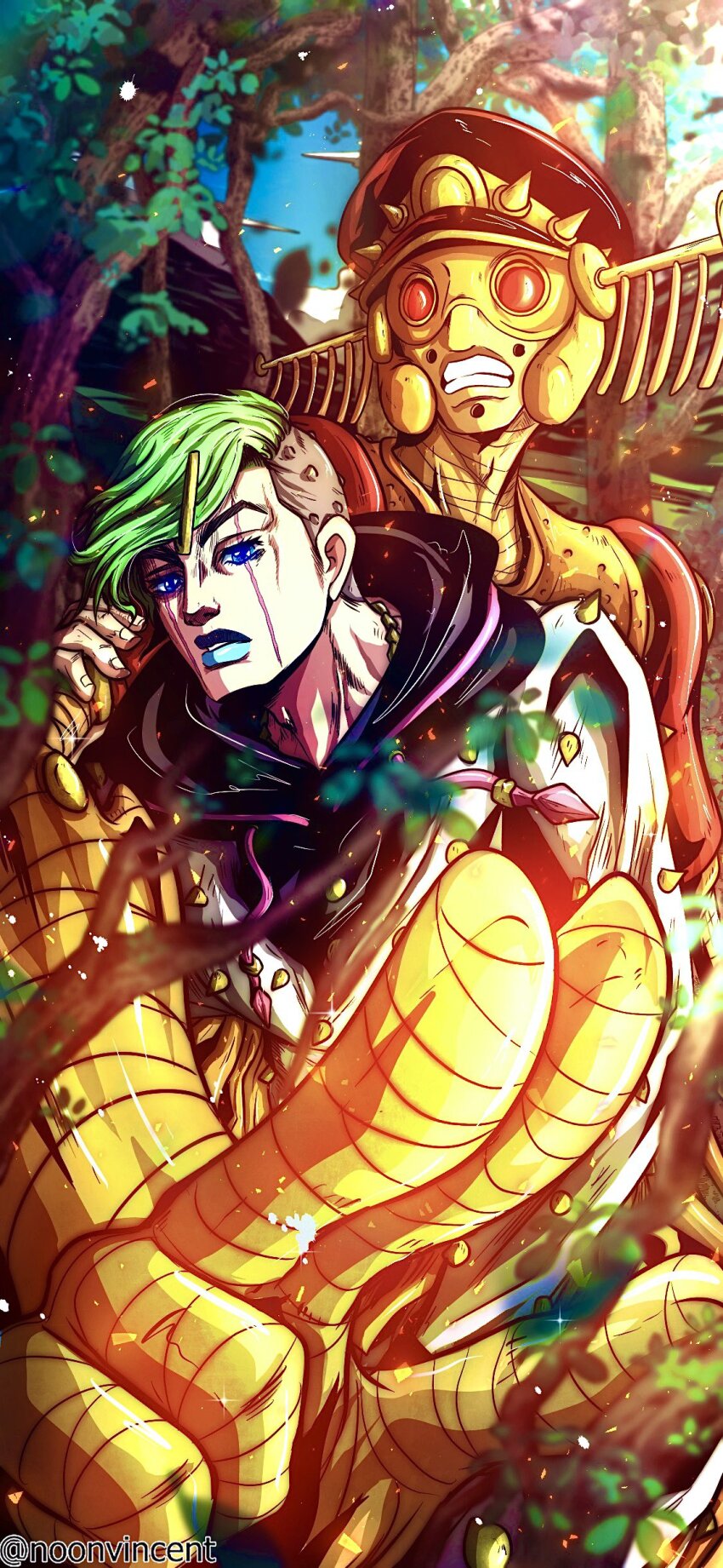 1boy, 1other, absurdres, araki_hirohiko_(style), black_hood, black_hoodie, blue_eyes, blue_lips