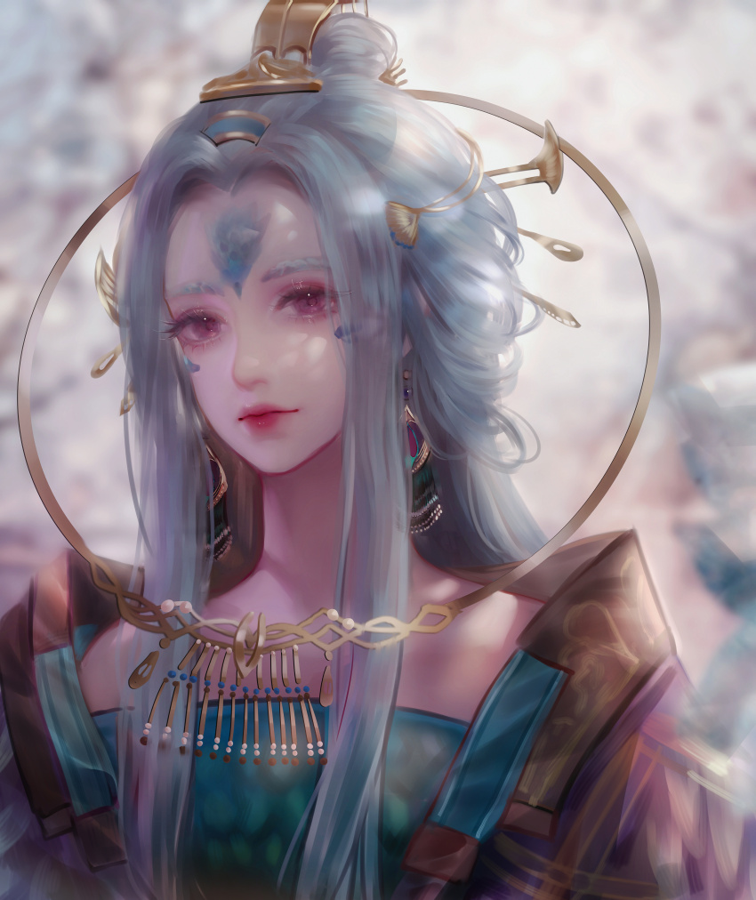 1girl, absurdres, blue_hair, blue_scales, blurry, blurry_background, brown_hanfu, character_request
