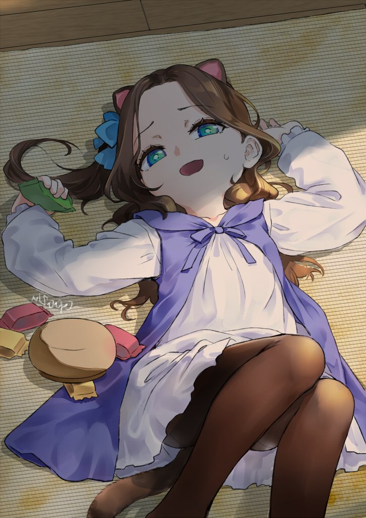 1girl, animal_ears, black_hair, black_pantyhose, blue_eyes, candy, cat_day, cat_ears