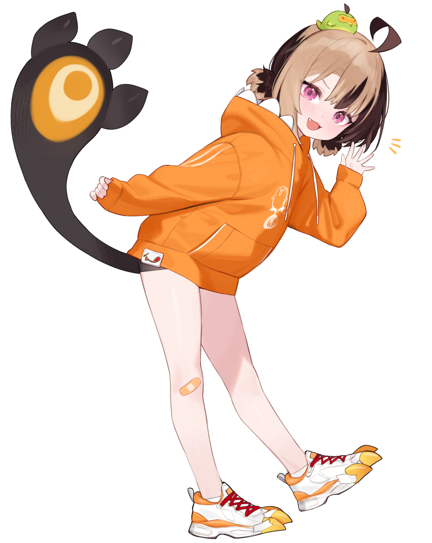 1girl, :3, :d, aged_down, ahoge, bandaid, bandaid_on_knee, bandaid_on_leg