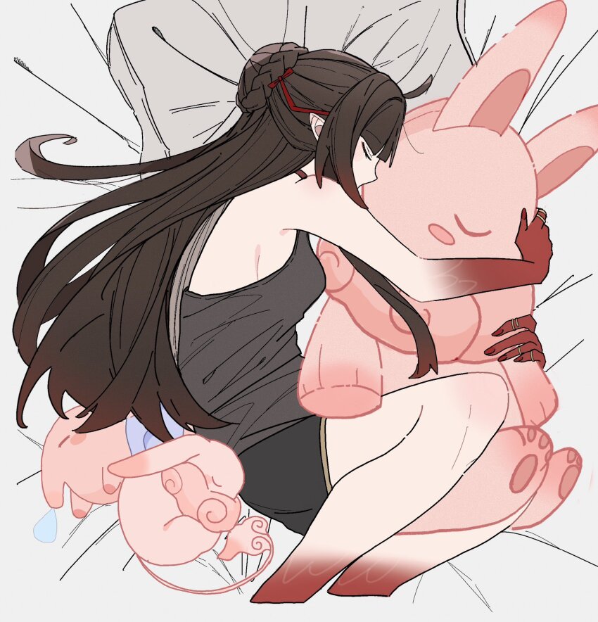 1girl, bed_sheet, black_shorts, black_tank_top, blunt_bangs, brown_hair, closed_eyes, colored_extremities