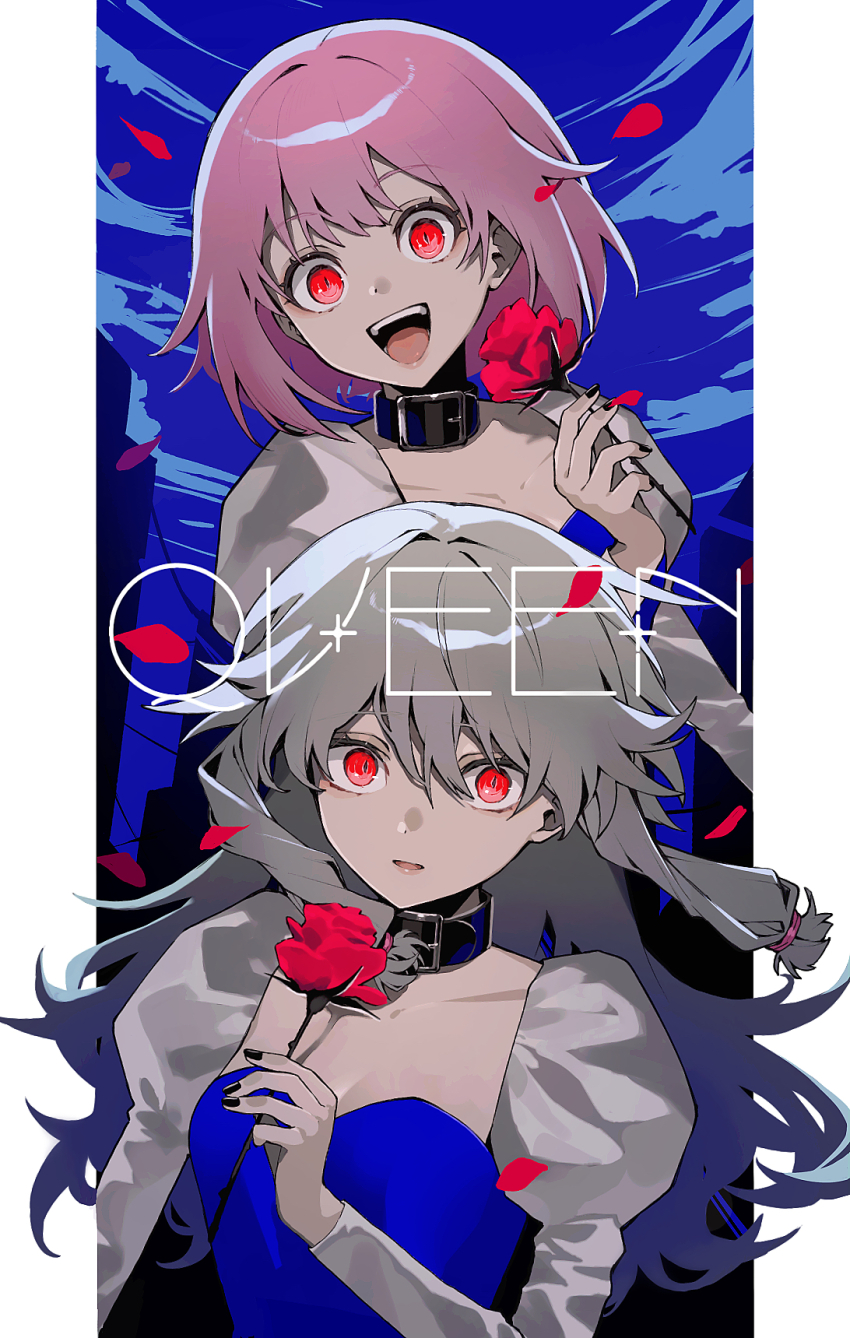 2girls, blue_dress, commentary_request, dress, flower, grey_hair, highres, holding