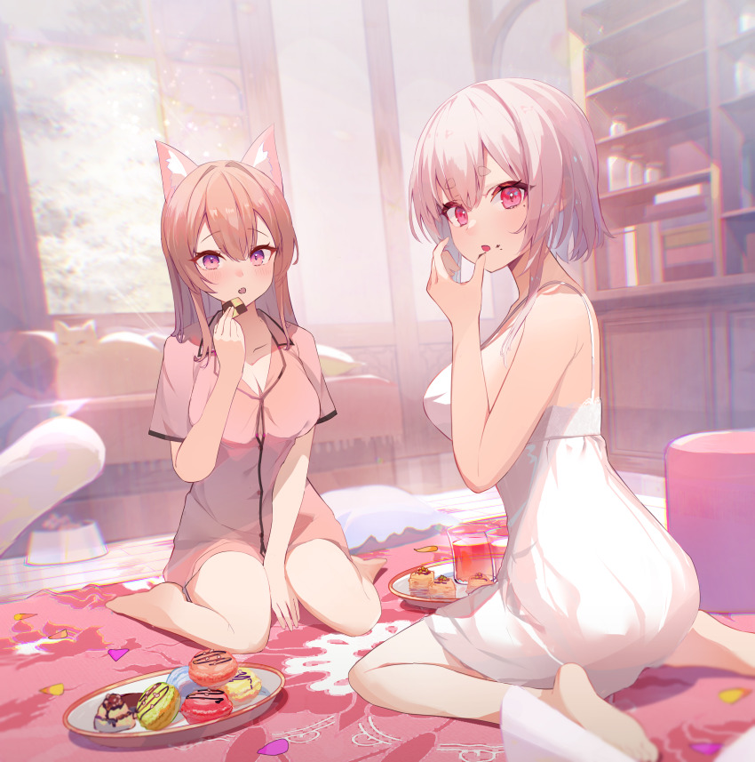 2girls, absurdres, animal_ear_fluff, animal_ears, babydoll, between_legs, blush, breasts